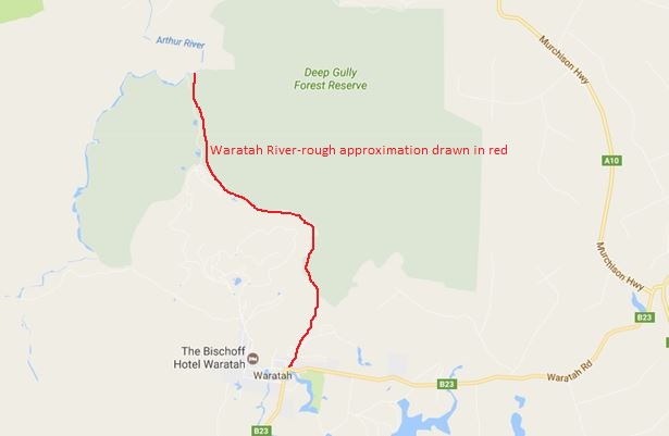 Waratah River into Arthur River with red line